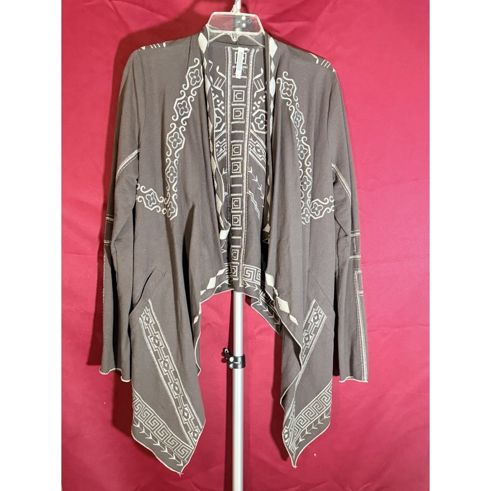 Monoreno Cardigan Sz L Embroidered Jacket Waterfall Brown Pockets Boho (A3233)